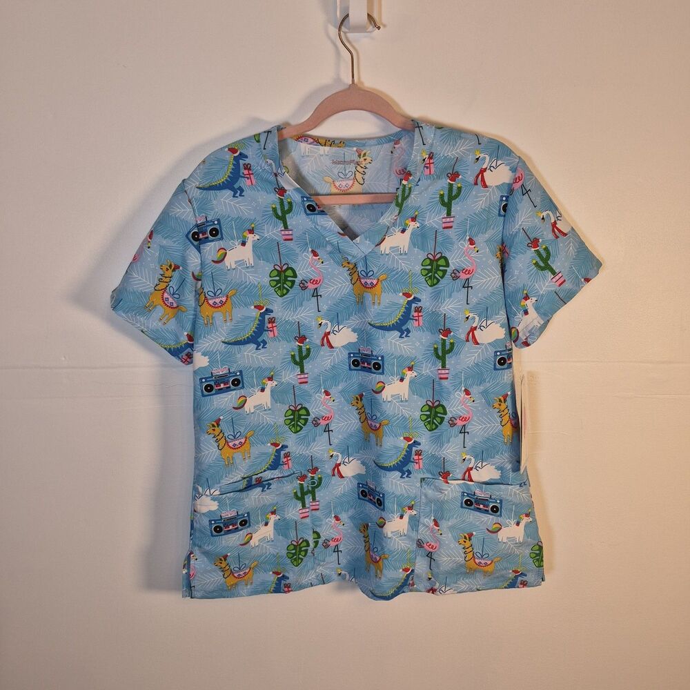Microflex By Elite Med Women's Christmas Scrubs Top Size L Blue Animals